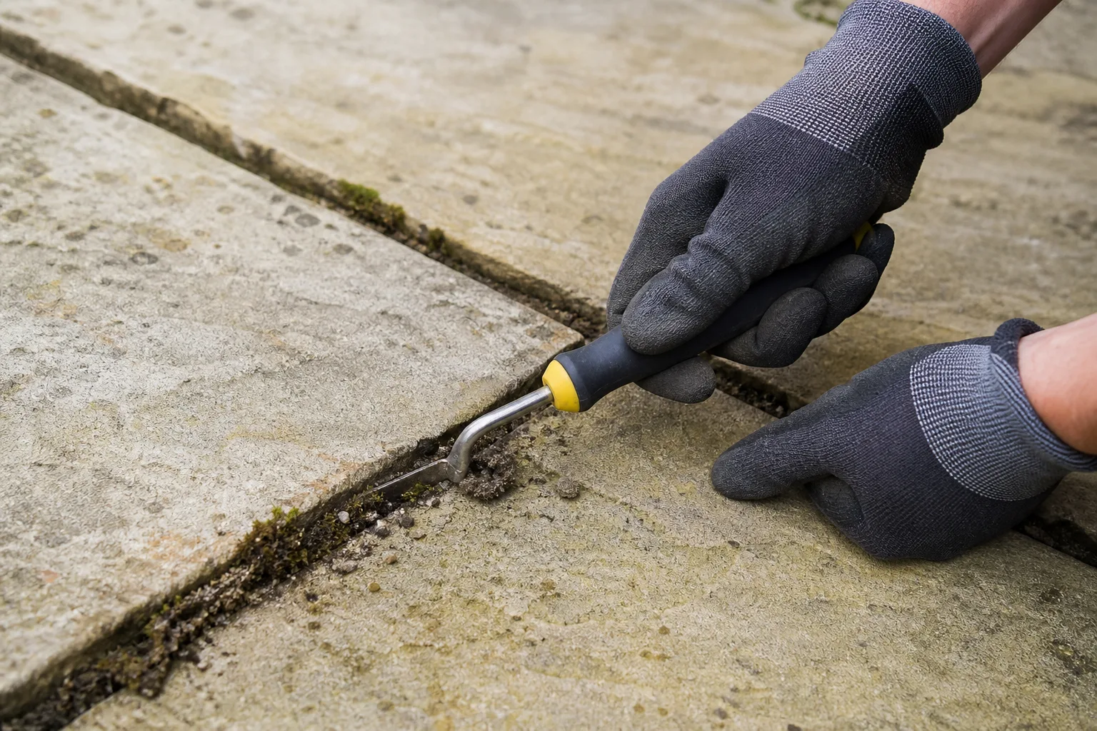Gloved hands removing failed mortar before repointing patio joints